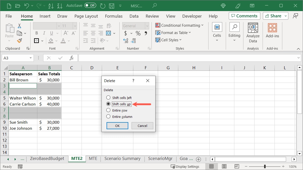 Shift Cells Up in the Delete box