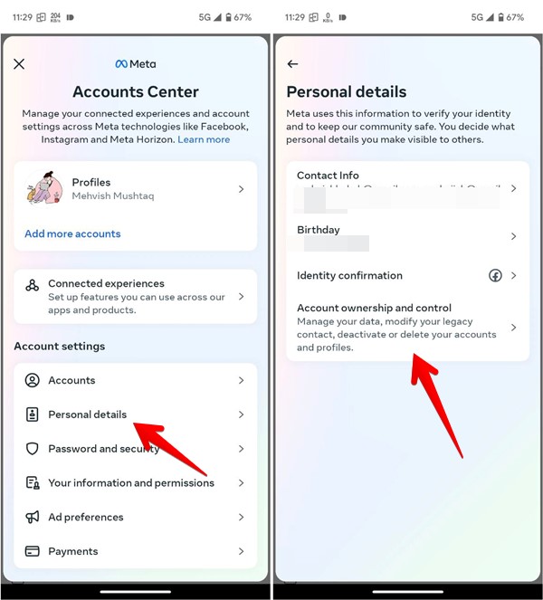 Facebook Mobile Account Center Personal Details