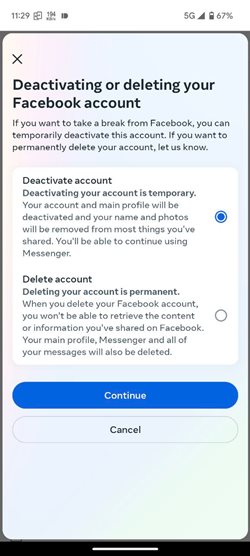 Facebook Mobile Deactivate Or Delete Account
