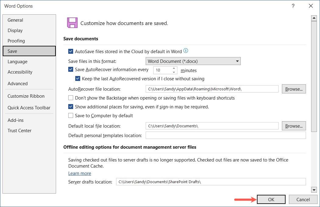 AutoSave settings OK button