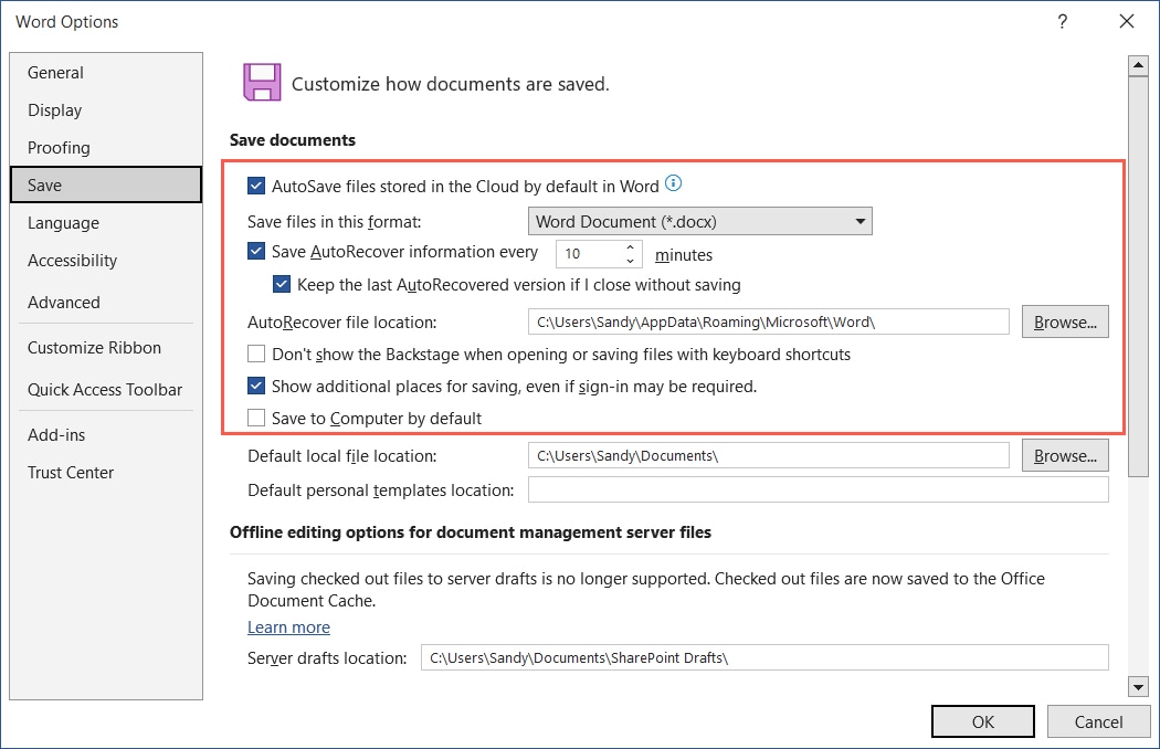 AutoSave settings in Word