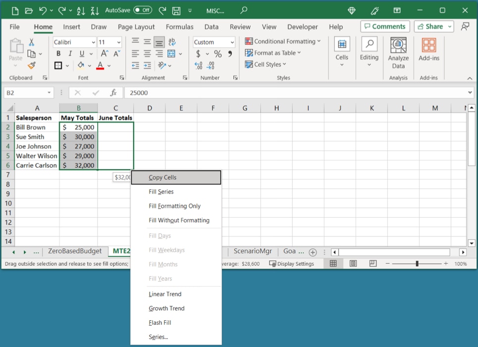 Fill Handle dragging to copy and display options 
