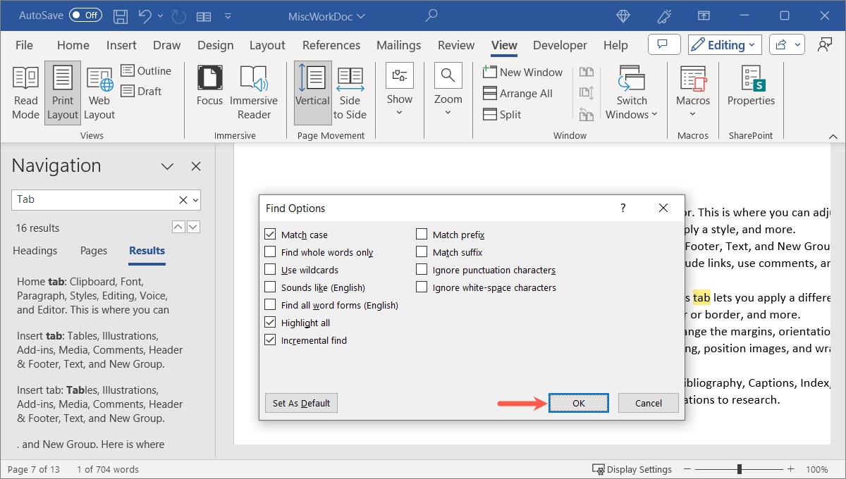 Find Options and OK button 