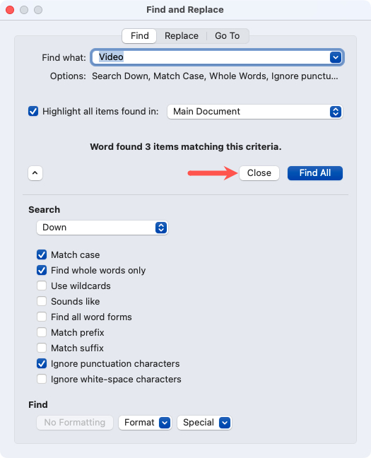 Find and Replace Close button in Word on Mac