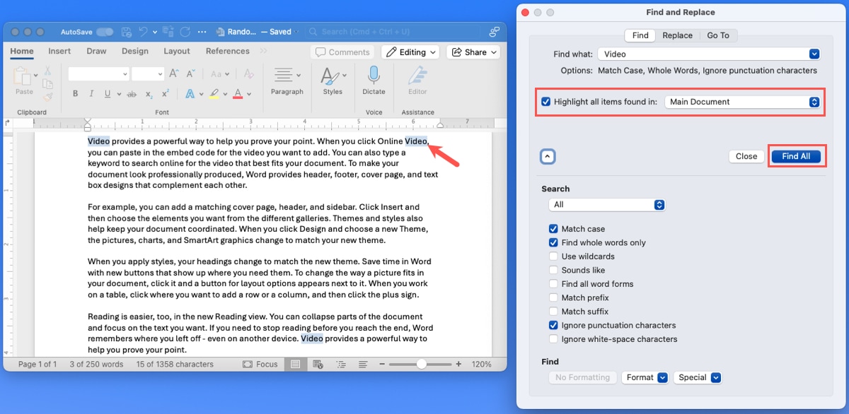 Find and Replace Find All button and results in Word on Mac
