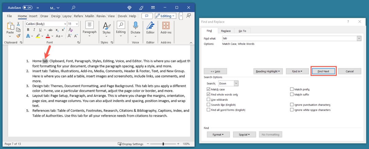 Find and Replace Find Next button and results