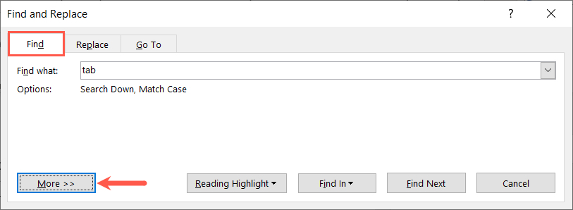 Find and Replace Find tab and More button