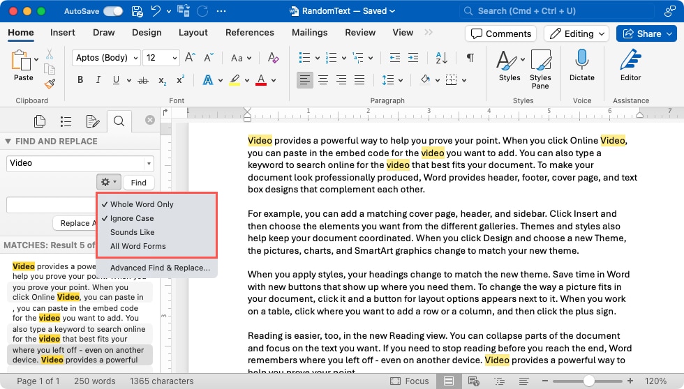 Find and Replace sidebar filter options 