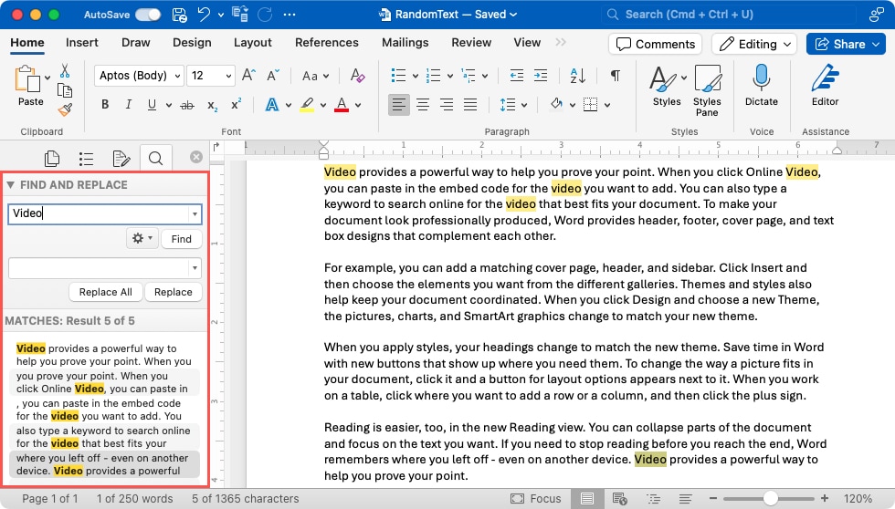 Find and Replace sidebar in Word on Mac