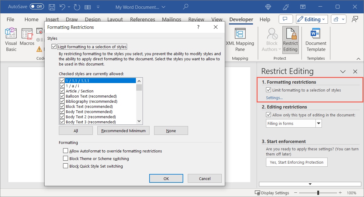 Formatting Restrictions in Word