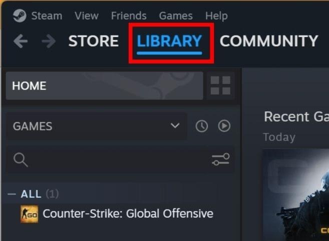 Clicking "Library" at the top left corner of the screen in Steam. 