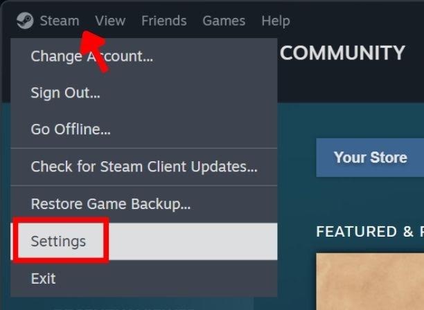 Selecting "Settings" from the drop-down menu from Steam. 