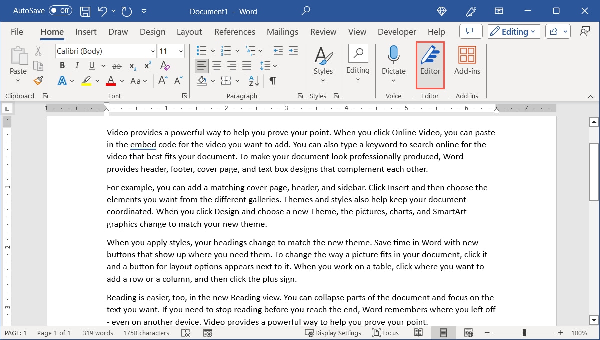 Editor on the Word Home tab