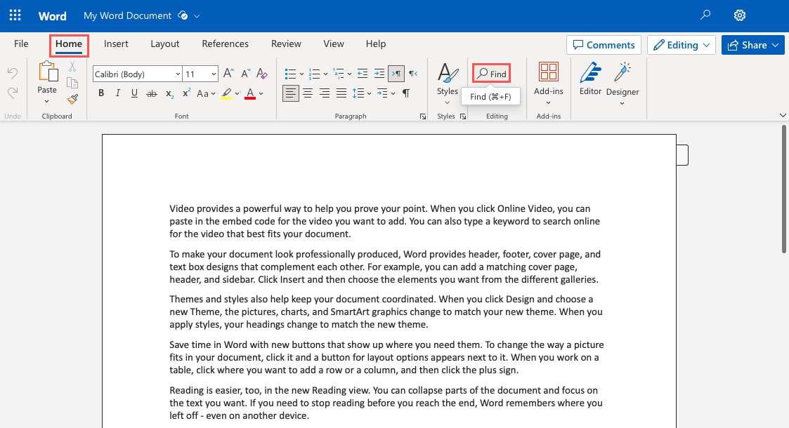 Find on the Home tab in Word on the web