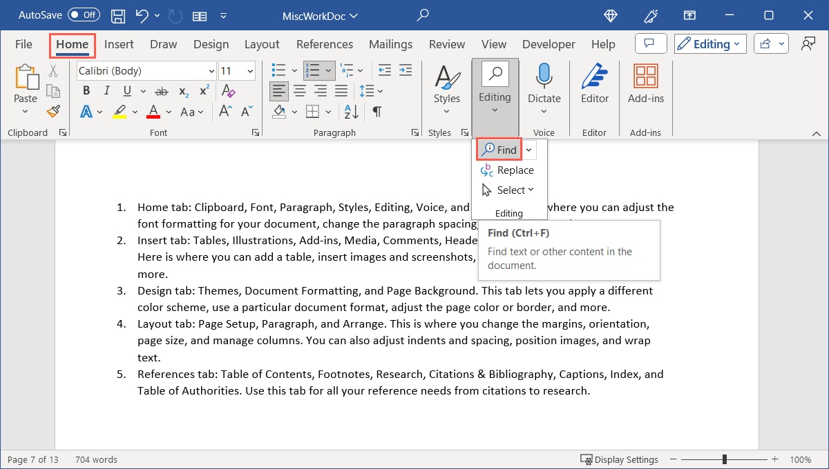Find on the Home tab in Word on Windows