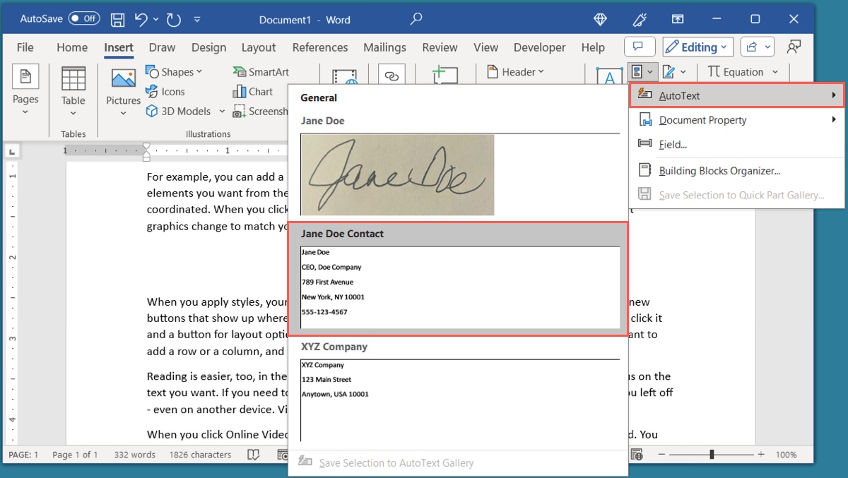 Saved AutoText entry in Word