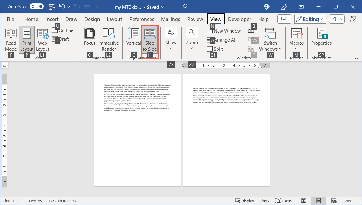 Key Tips with H for Side To Side in Word