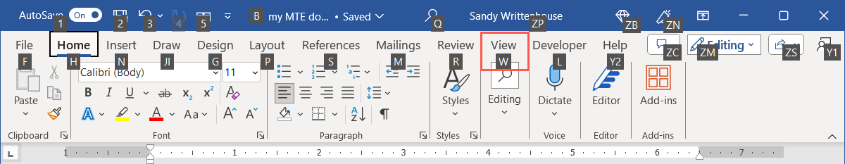 Key Tips with W for the View tab in Word