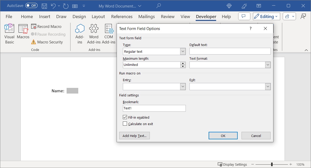 Legacy Form Text control Options in Word
