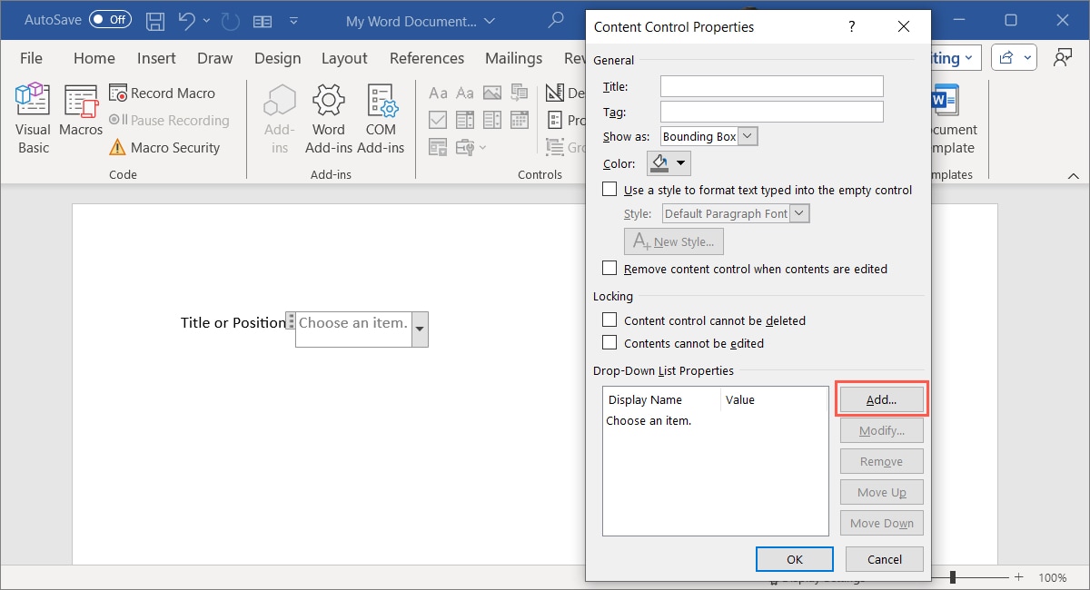 List Content Control Properties Add button