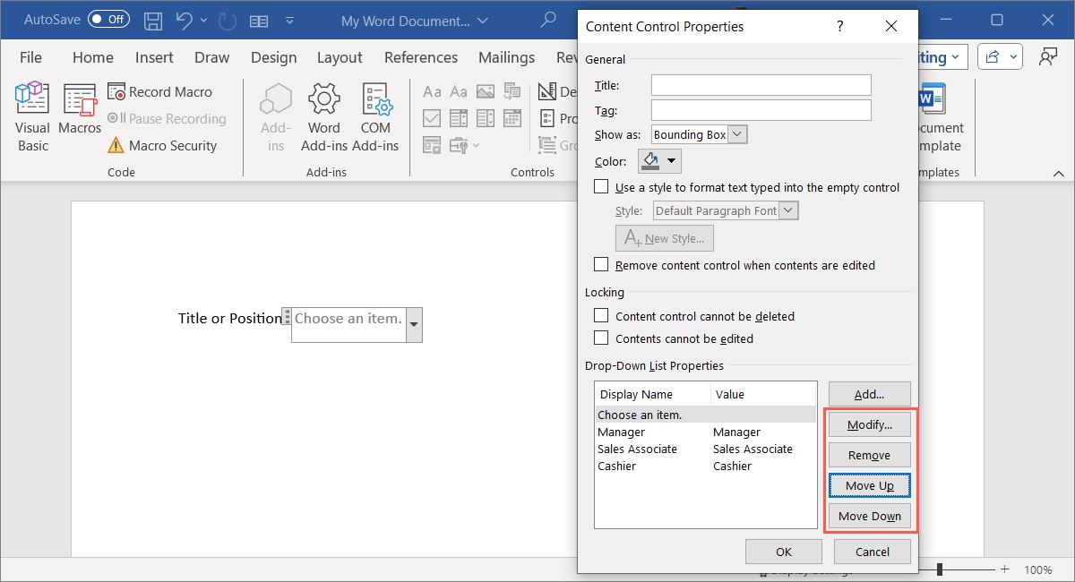 List Content Control edit options in Word