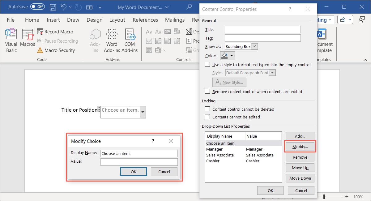 List Content Control Modify Choice box in Word