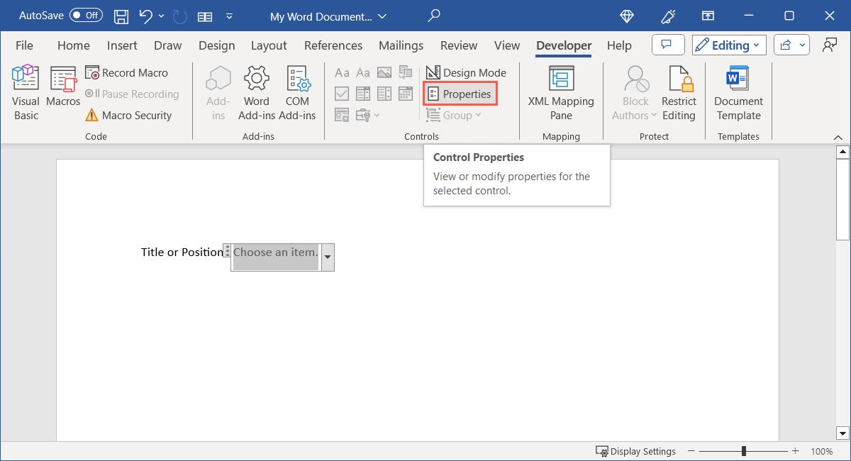 List Content Control Properties in Word