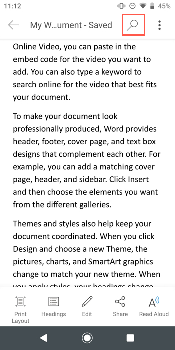 Magnifying glass in Word on mobile