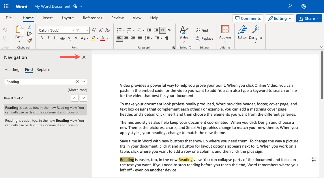 Navigation pane X to close in Word on the web