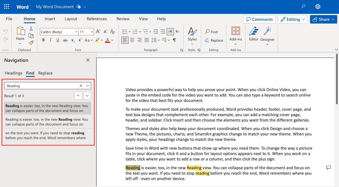 Navigation pane Search box and Results in Word on the web