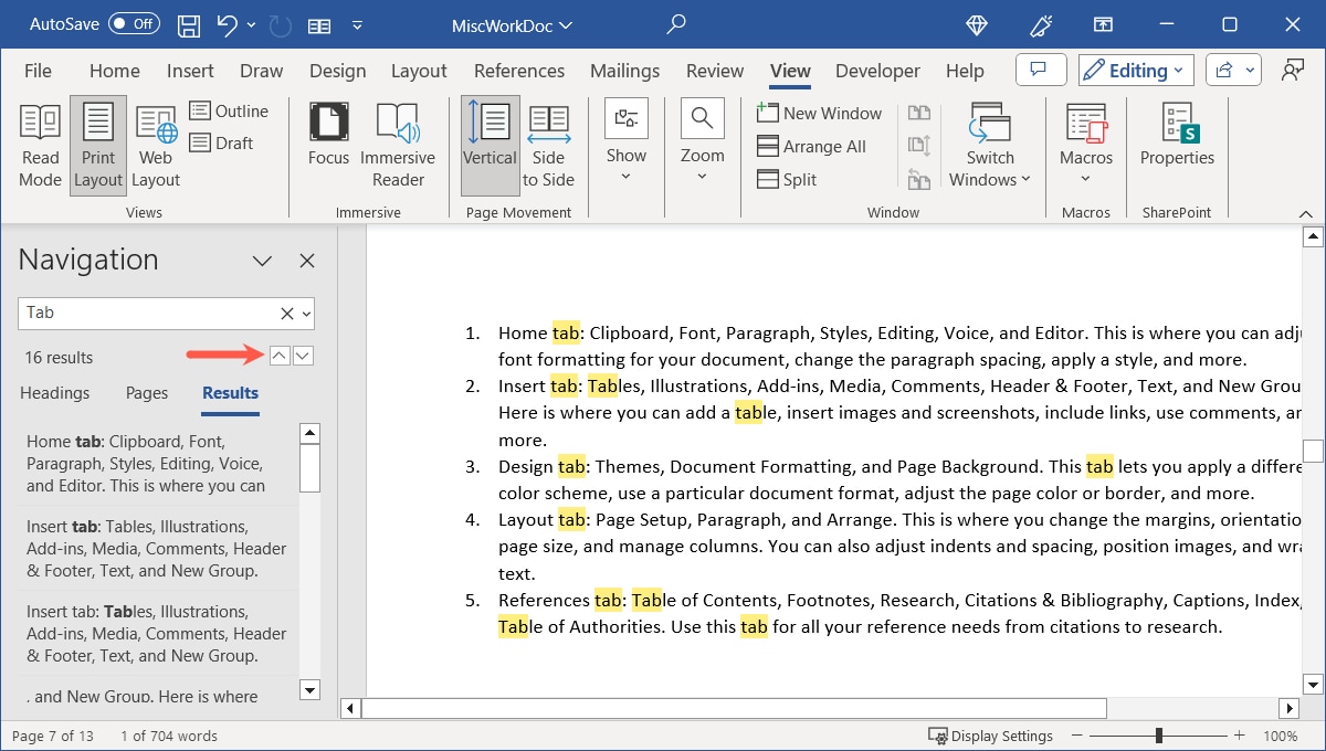 Navigation pane results and arrows