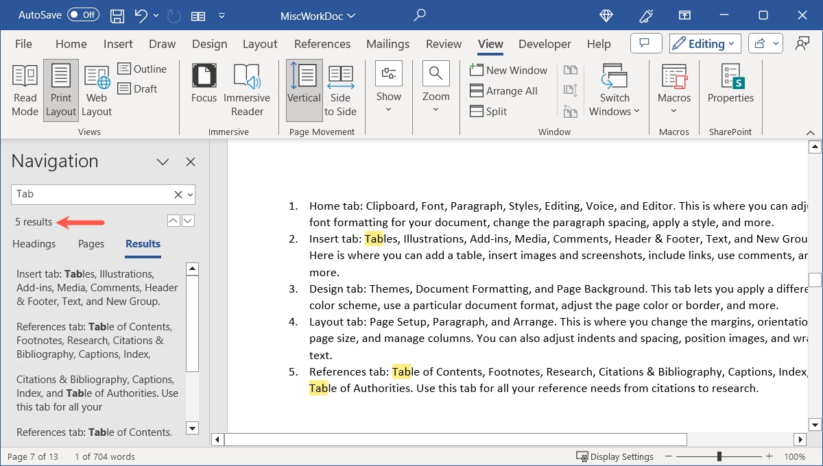 Updated results in the Navigation pane 