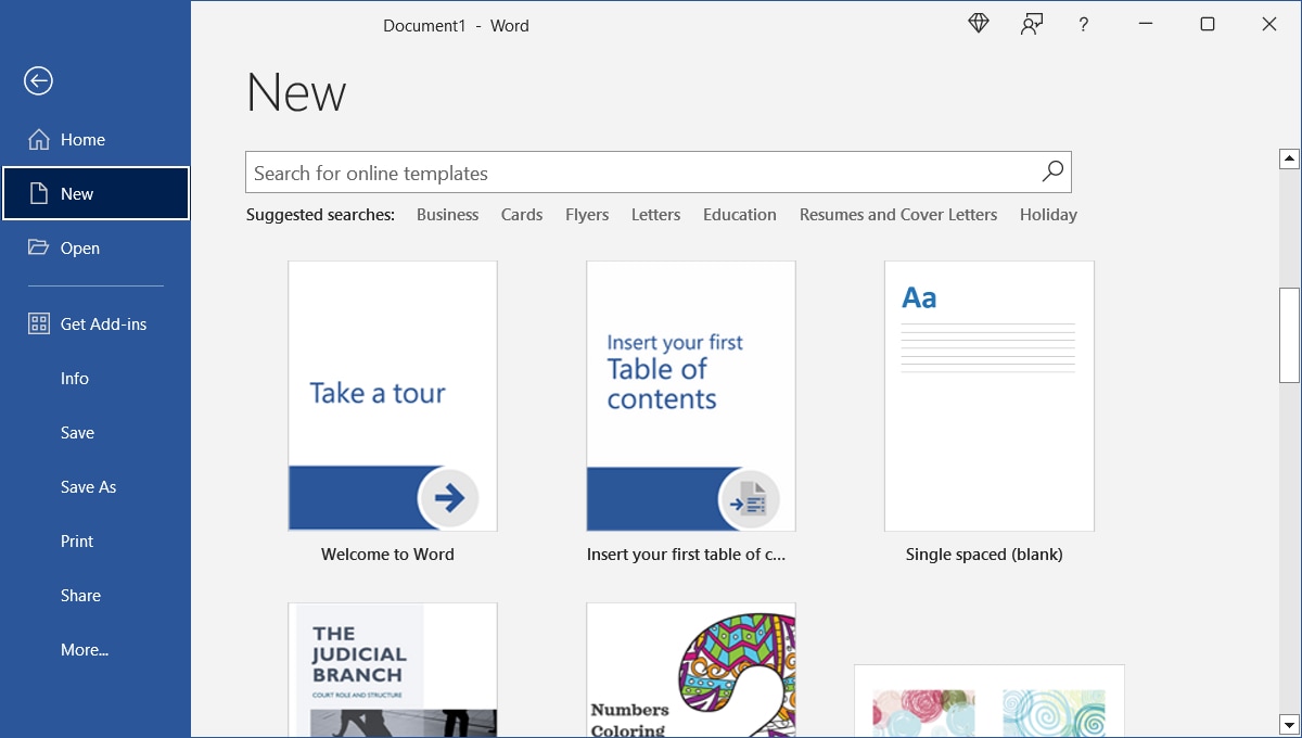 Template search page in Word