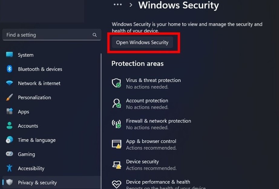 Clicking on "Open Windows Security" button in Windows Settings.