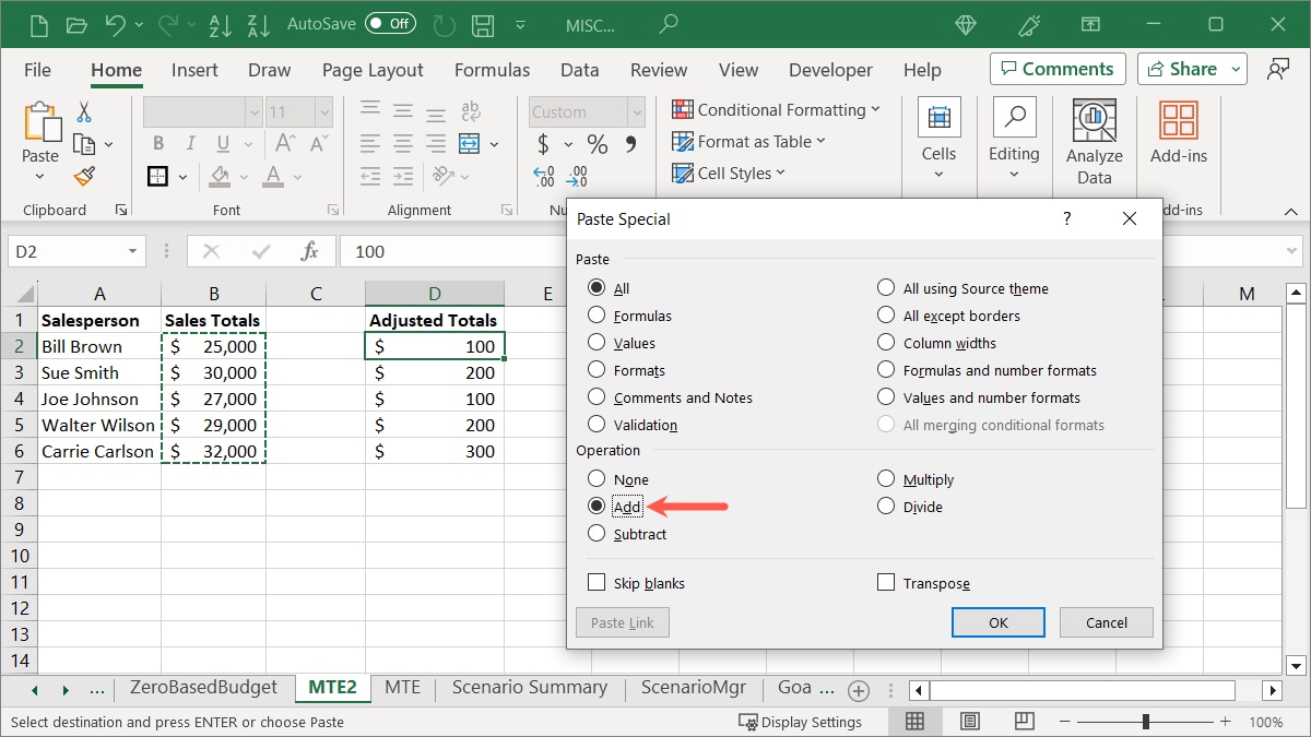 Paste Special Add operation