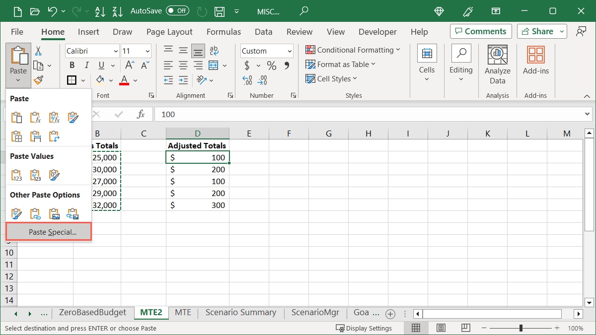 Paste Special in the Paste menu