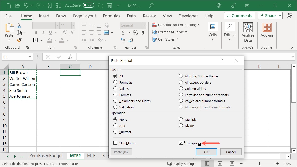 Transpose in the Paste Special box