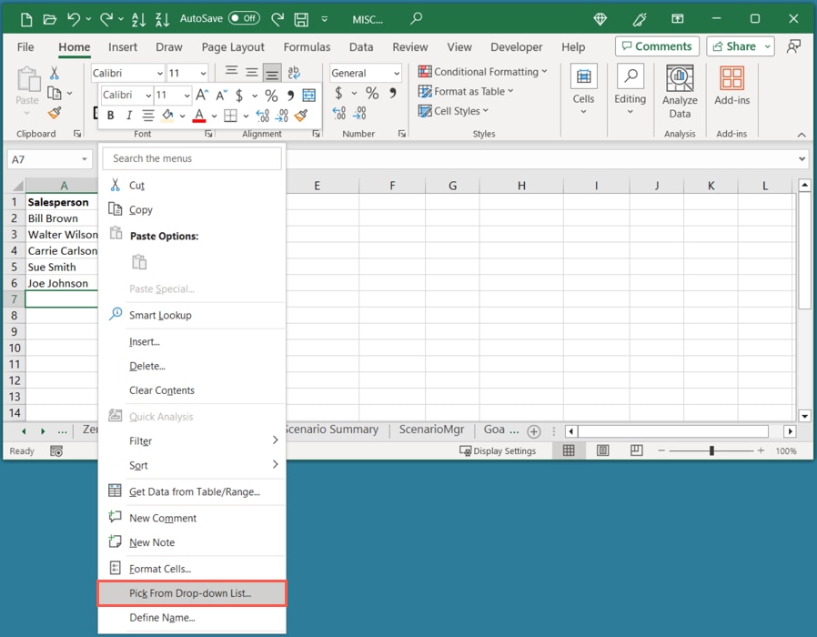 Pick From Drop Down List in the Excel shortcut menu