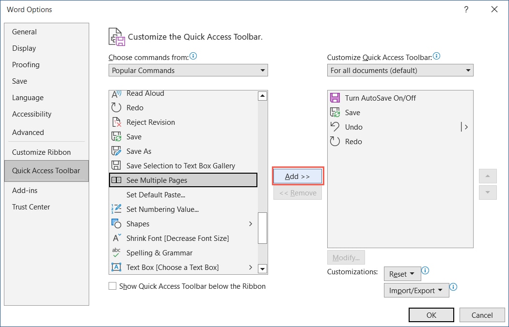 Add a command to the Quick Access Toolbar 