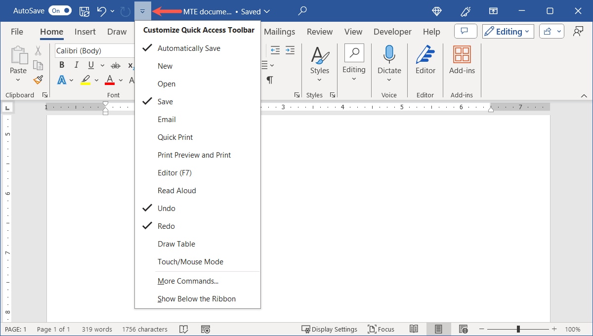 Quick Access Toolbar arrow