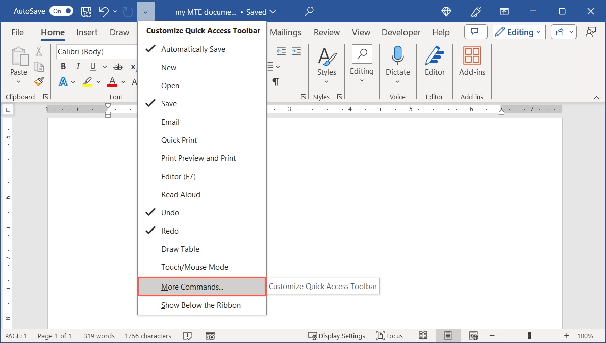 Quick Access Toolbar More Commands option