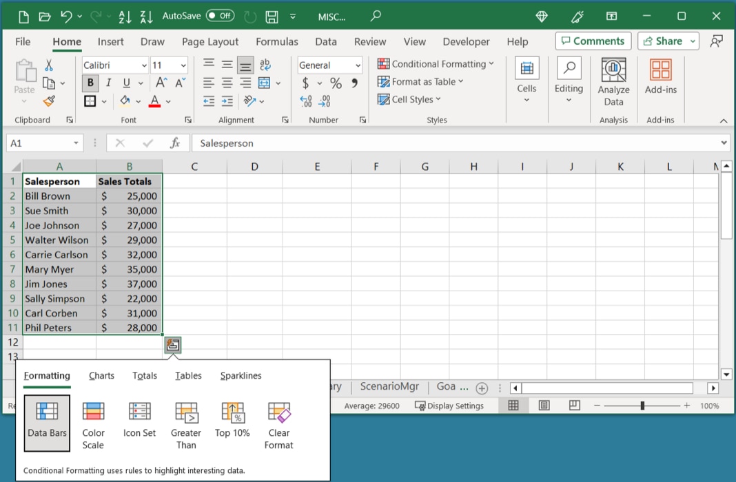 Quick Analysis Options Excel