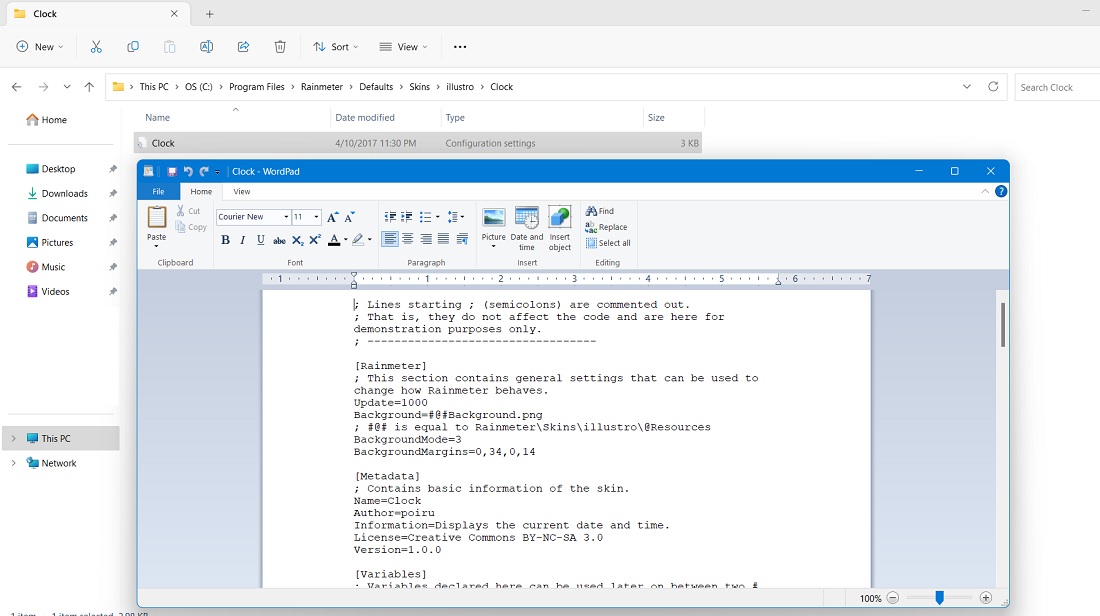 Rainmeter configurations file opened in Wordpad.
