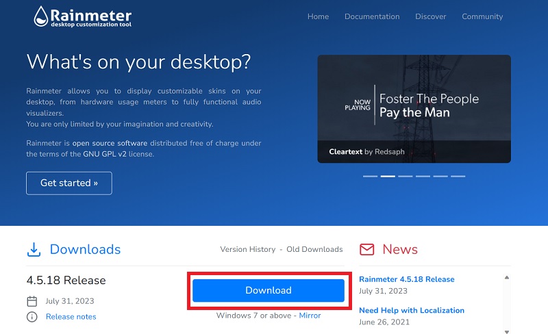 Downloading the most recent version of Rainmeter for Windows.