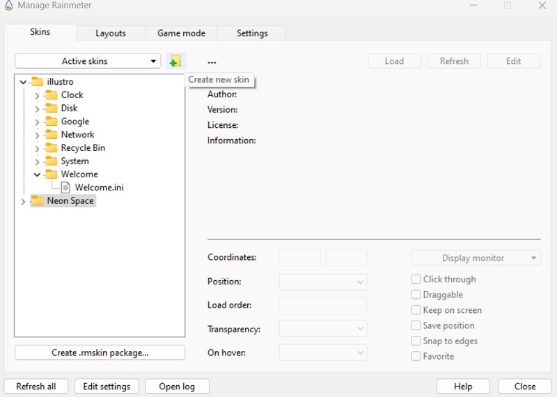 Click on folder near Active skins called, "Create new skins."