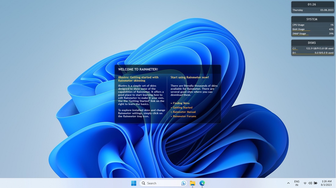 Windows desktop showing Rainmeter's default package "Illustro" with all its initial skins.