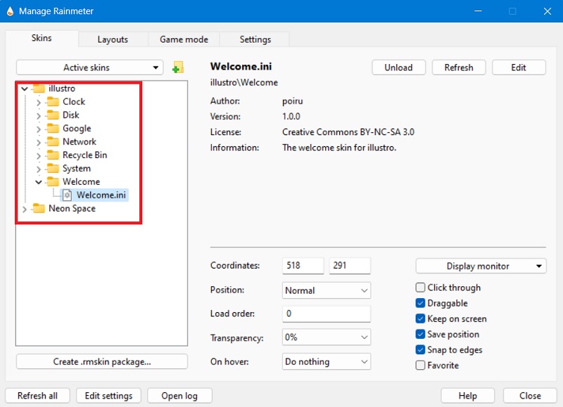 Illustro and Neon Space RMSKIN packages visible in "Manage Rainmeter."