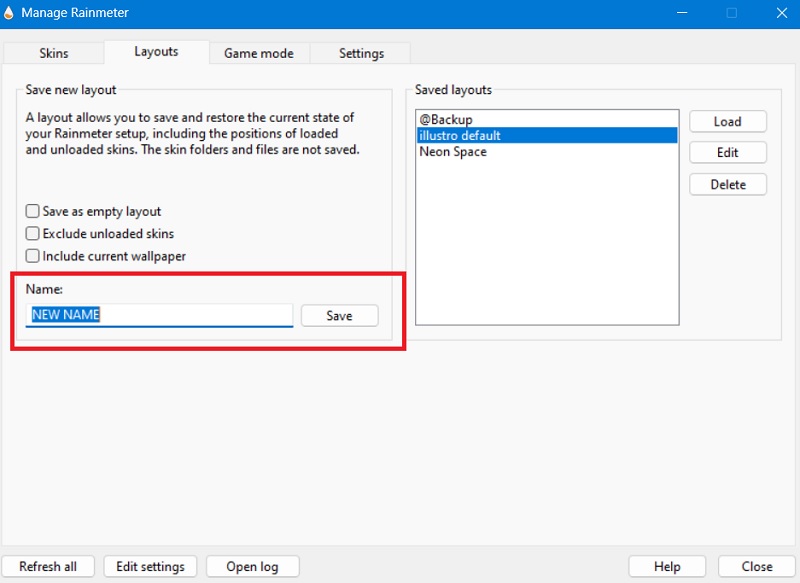 Illustro being saved as a new name in Rainmeter default layout.