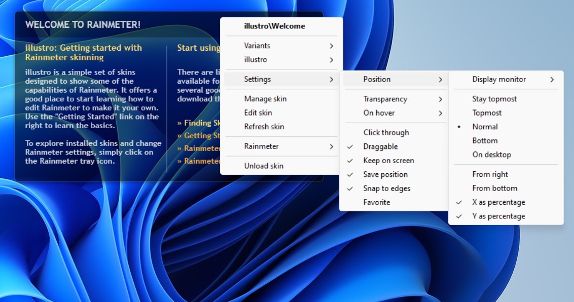 Various Settings options visible in Rainmeter including position, transparency, hover on, draggable, and more.