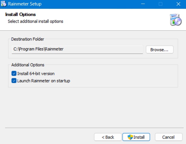 Rainmeter install options enabled including launching Rainmeter on PC Startup.